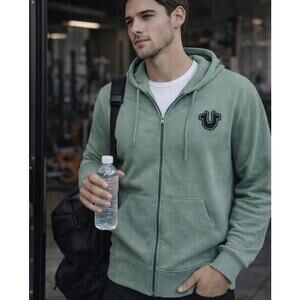 True Religion Green Zip Up Hoodie Buddha Logo Size Medium Streetwear